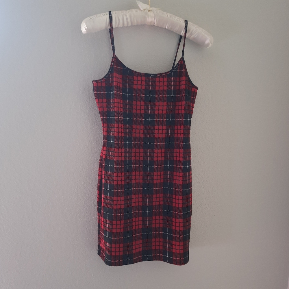 Derek Heart Bodycon Dress Women's Medium Red Plaid Scoop Neck Sleeveless* - Picture 2 of 11